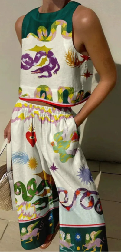 Unique Print Tank And Elastic Waist Pocketed Pants Set