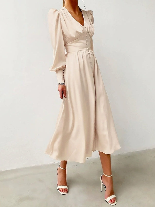 Satin Solid Balloon Sleeve V Neck Midi Dress
