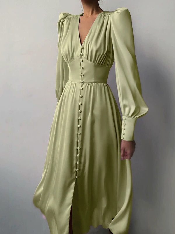 Satin Solid Balloon Sleeve V Neck Midi Dress