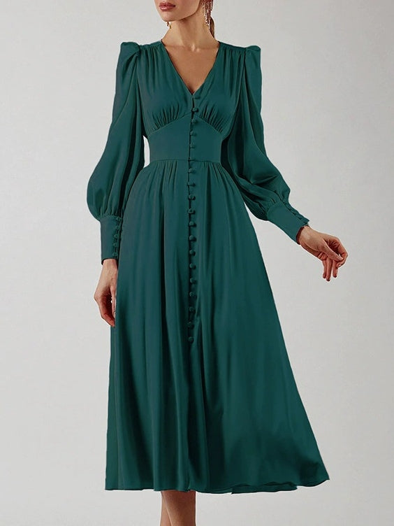 Satin Solid Balloon Sleeve V Neck Midi Dress