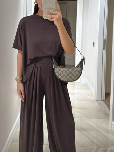 Light Grey Casual Top and Wide-leg Pants Set