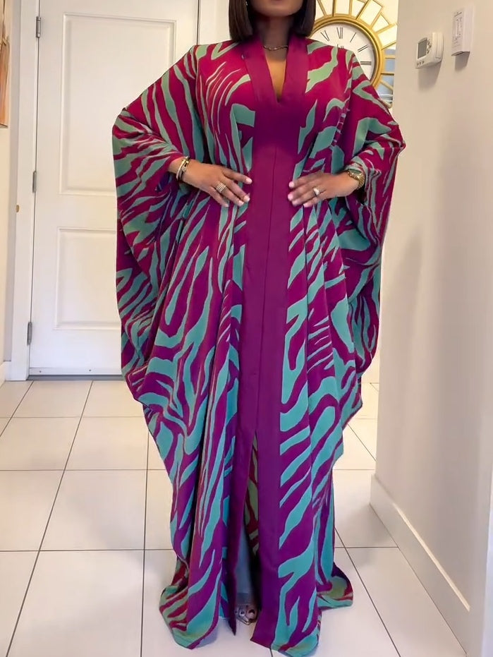 Zebra Print V-Neck Batwing Sleeve Robe Maxi Dress