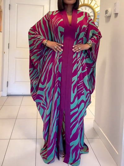 Zebra Print V-Neck Batwing Sleeve Robe Maxi Dress