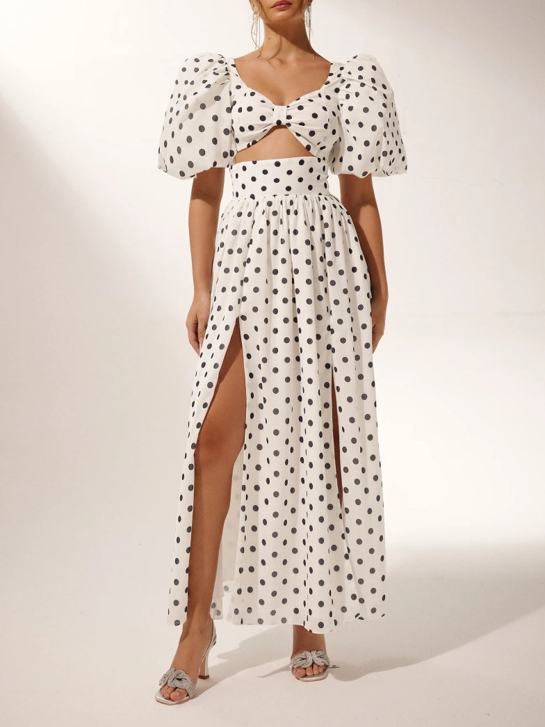 Polka Dot Square Neck Puff Sleeve Top and Slit Skirt Set