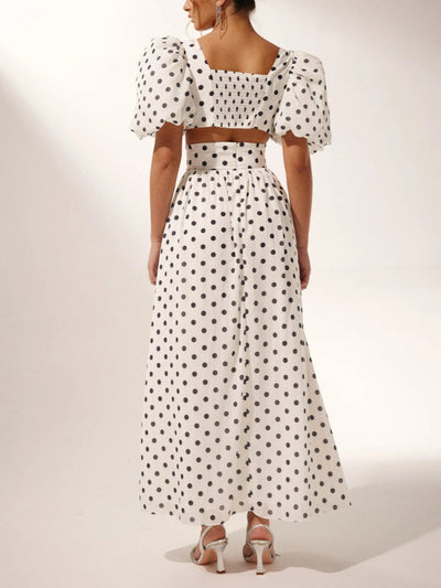Polka Dot Square Neck Puff Sleeve Top and Slit Skirt Set