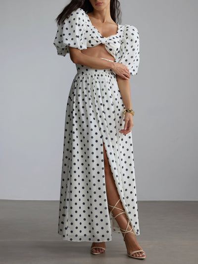 Polka Dot Square Neck Puff Sleeve Top and Slit Skirt Set