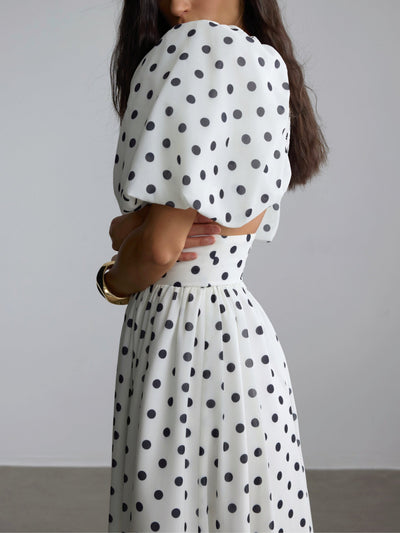 Polka Dot Square Neck Puff Sleeve Top and Slit Skirt Set