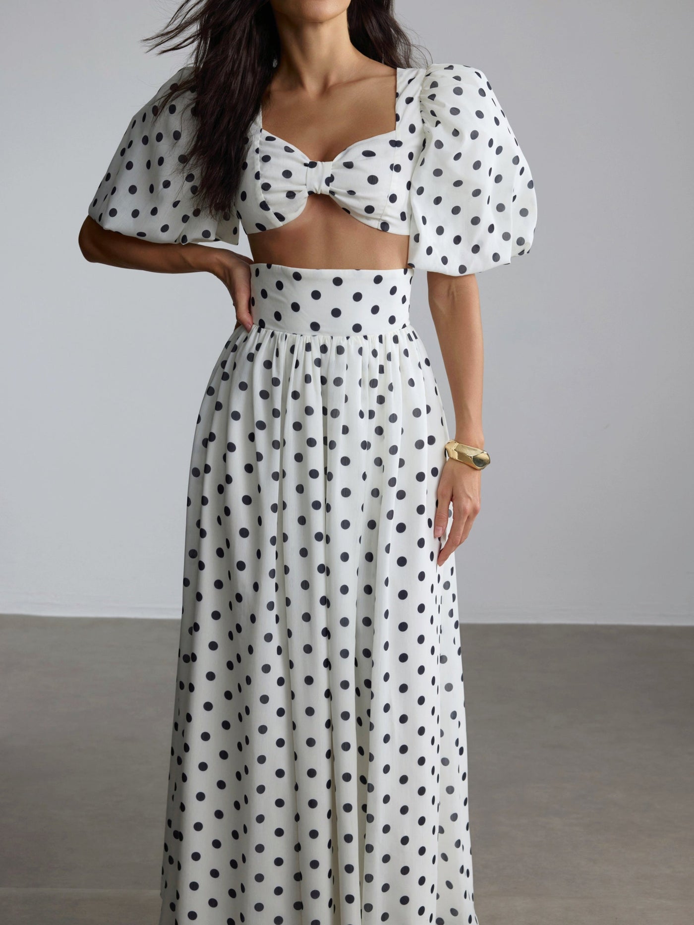Polka Dot Square Neck Puff Sleeve Top and Slit Skirt Set