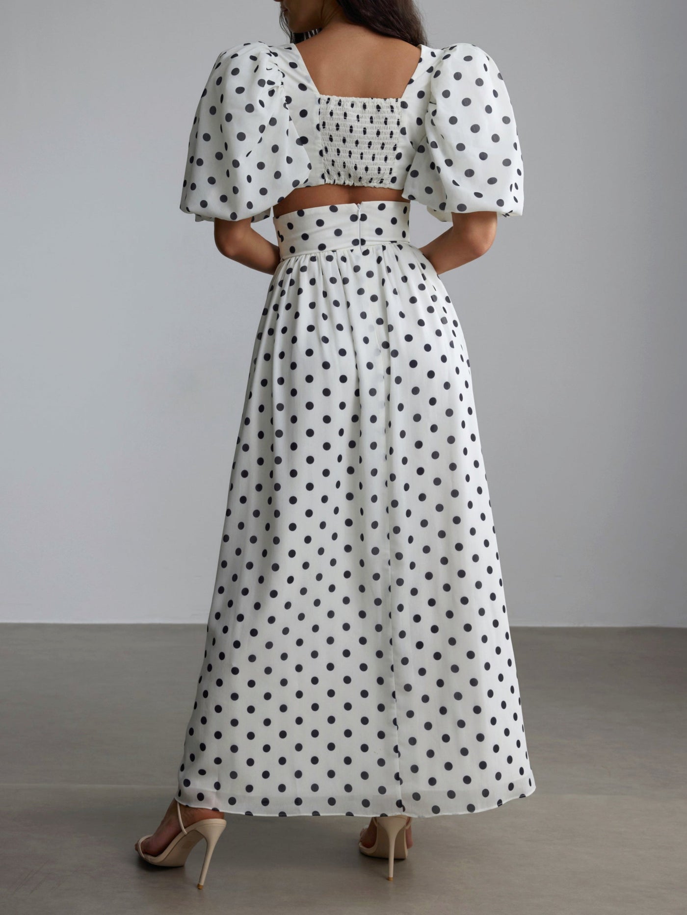 Polka Dot Square Neck Puff Sleeve Top and Slit Skirt Set