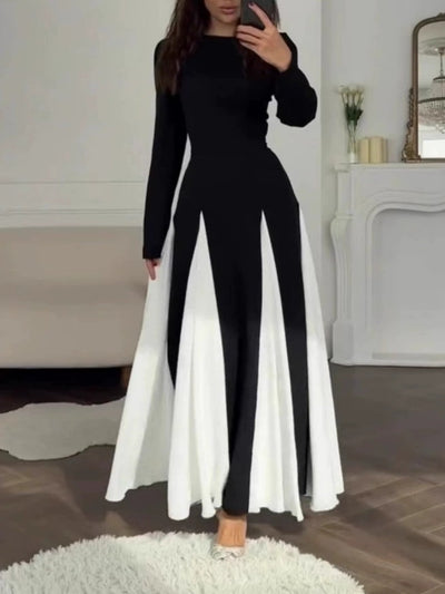 Elegant Black and White Colorblock Round Neck Waist Long Sleeve Dress