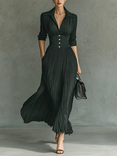 Elegant Pleated Lapel Waisted Long-sleeved Maxi Dress