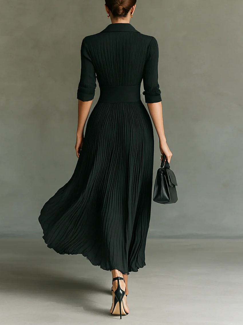 Elegant Pleated Lapel Waisted Long-sleeved Maxi Dress