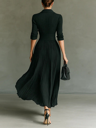 Elegant Pleated Lapel Waisted Long-sleeved Maxi Dress