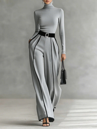 Gray Trim High-neck Long-sleeved Top With Wide-leg Pants and Belt Set