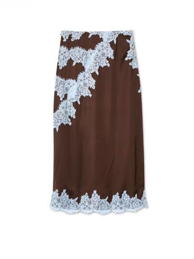 Elegant Brown and Blue Lace Panel Top + Skirt Suit Set