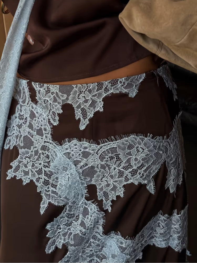 Elegant Brown and Blue Lace Panel Skirt