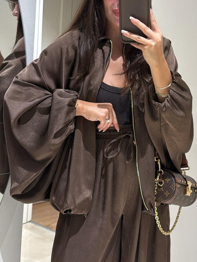 Brown Jacket + Drawstring Pants Casual Two-piece Suit