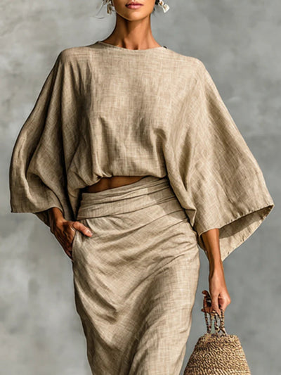 Cotton And Linen Blend Bat Sleeve Long Skirt Two-piece Set