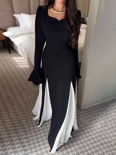 Black And White Flared Long-sleeved Maxi Dress