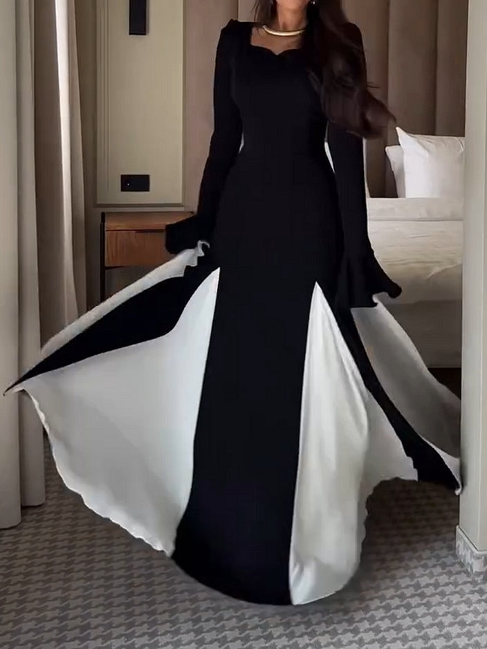 Black And White Flared Long-sleeved Maxi Dress