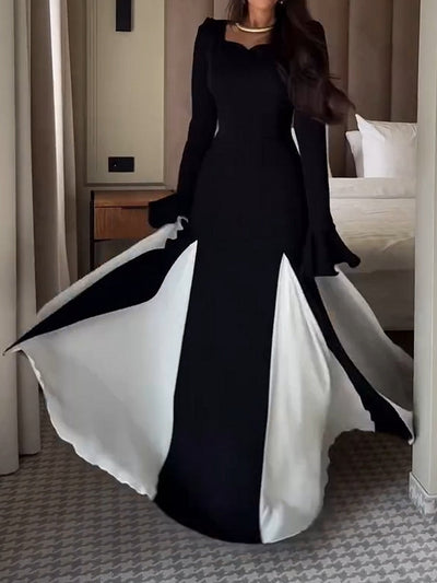 Black And White Flared Long-sleeved Maxi Dress