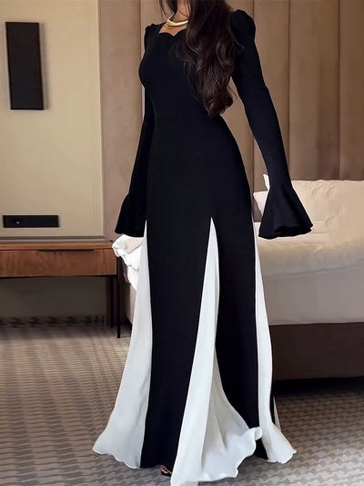 Black And White Flared Long-sleeved Maxi Dress