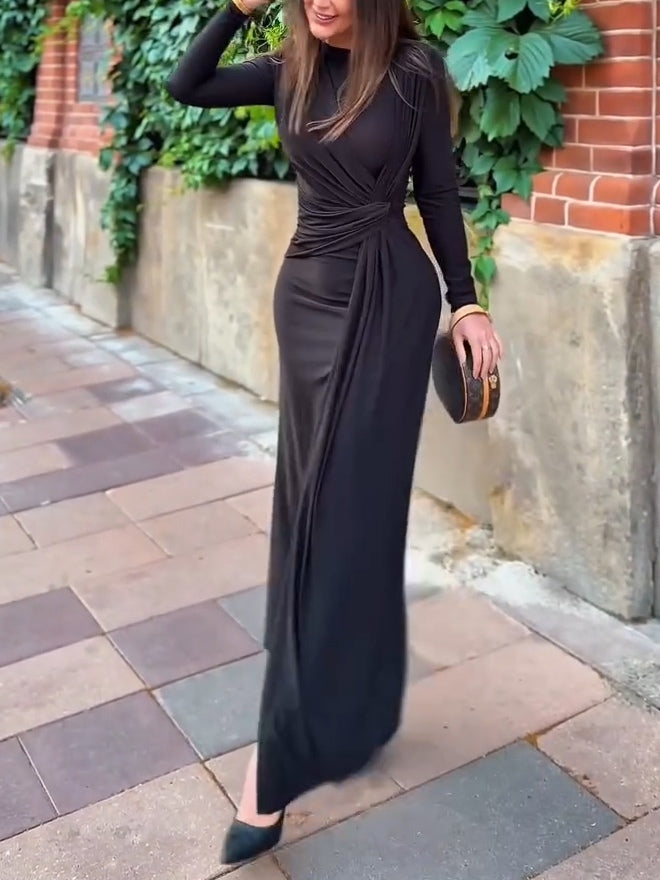 Elegant Black Pleated Waist Maxi Dress