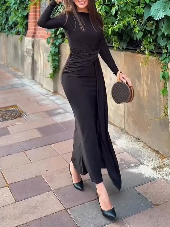 Elegant Black Pleated Waist Maxi Dress