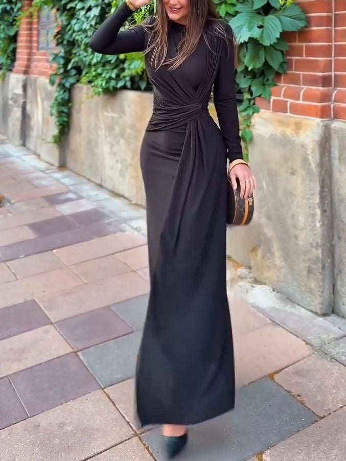 Elegant Black Pleated Waist Maxi Dress
