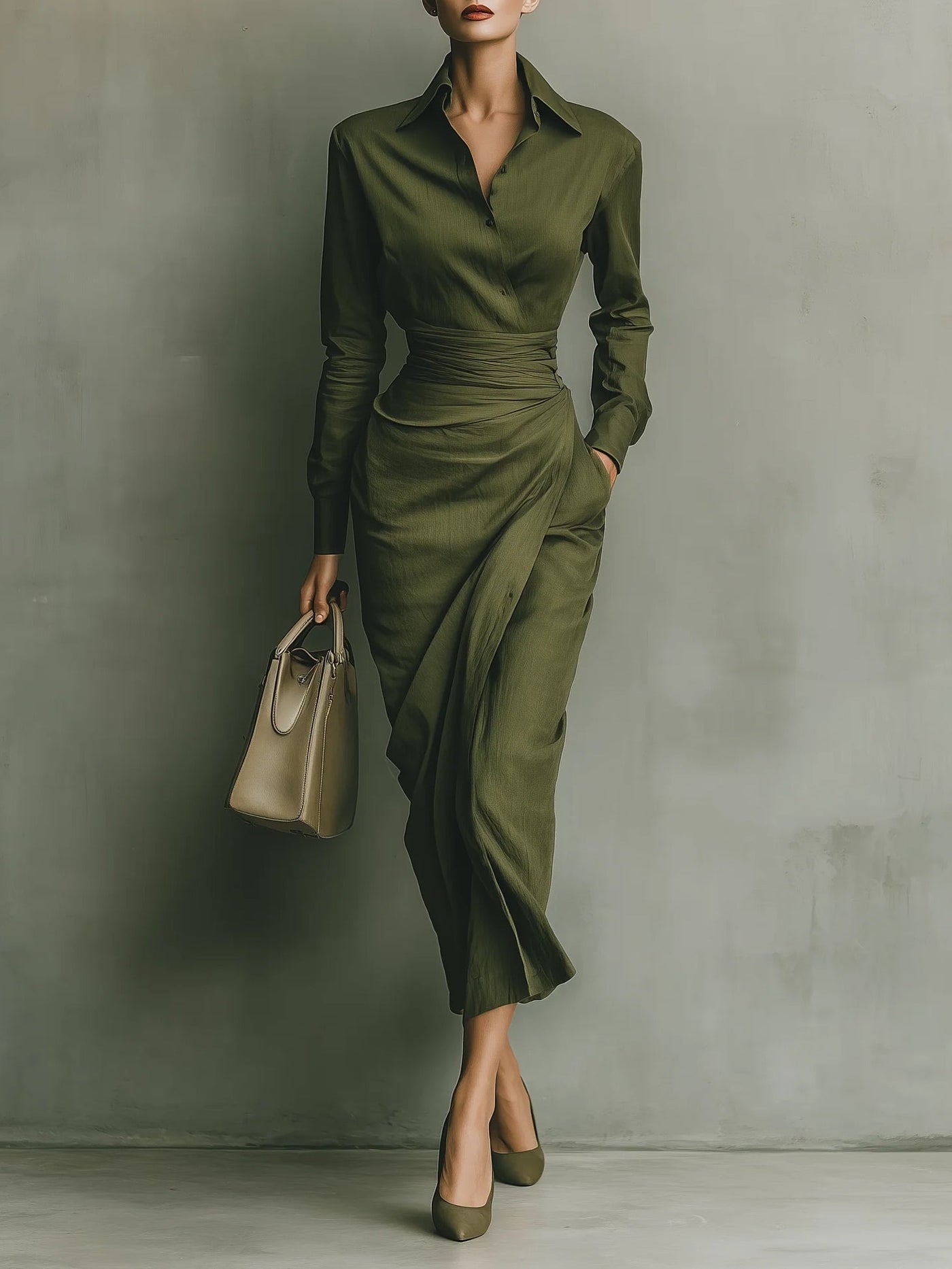 Army Green Cotton Blended Maxi Dress