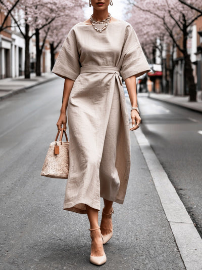 Linen Boat Neck Tie Loose Dress