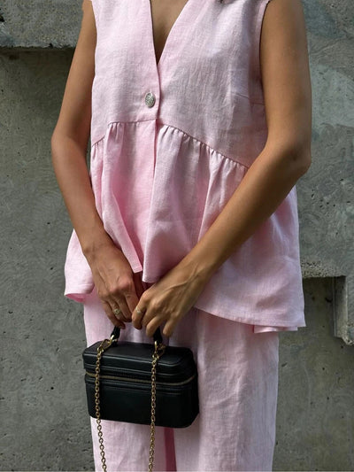 Cotton and linen V-neck ruffled two-piece suit