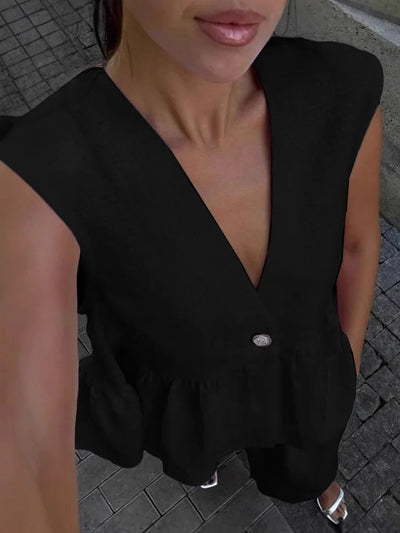 Cotton and linen V-neck ruffled two-piece suit