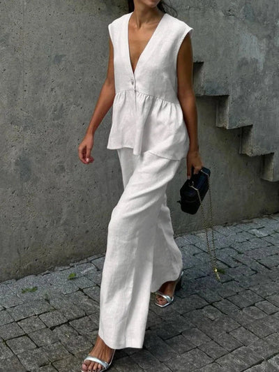 Cotton and linen V-neck ruffled two-piece suit