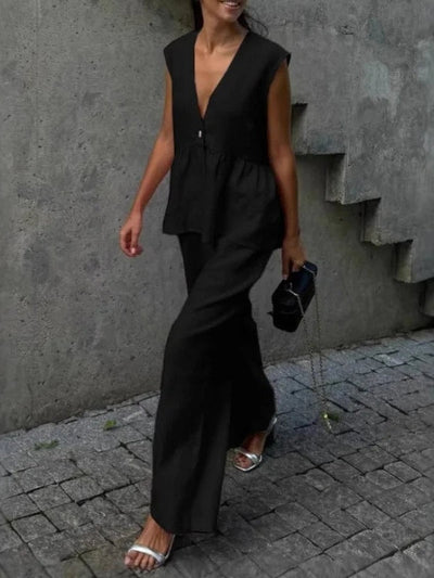 Cotton and linen V-neck ruffled two-piece suit