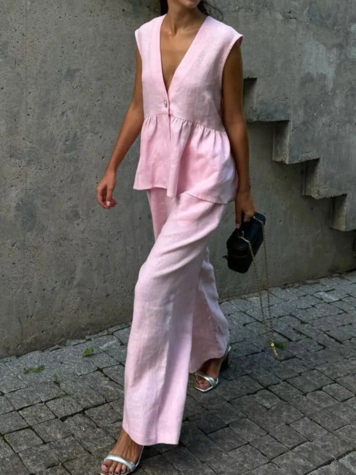 Cotton and linen V-neck ruffled two-piece suit