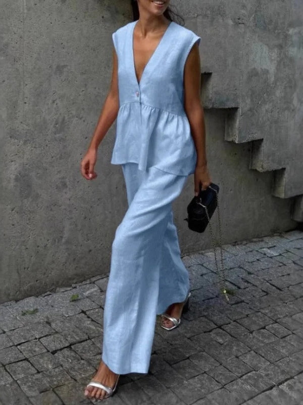 Cotton and linen V-neck ruffled two-piece suit