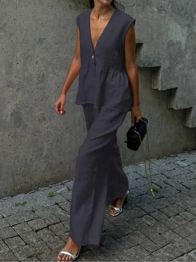 Cotton and linen V-neck ruffled two-piece suit