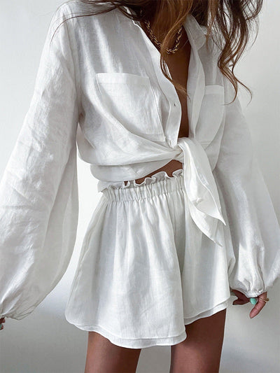 Balloon Sleeve Shirt Linen Two-Piece Shorts