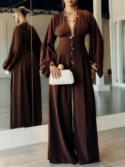 Brown Deep V Lantern Long Sleeve Jumpsuit