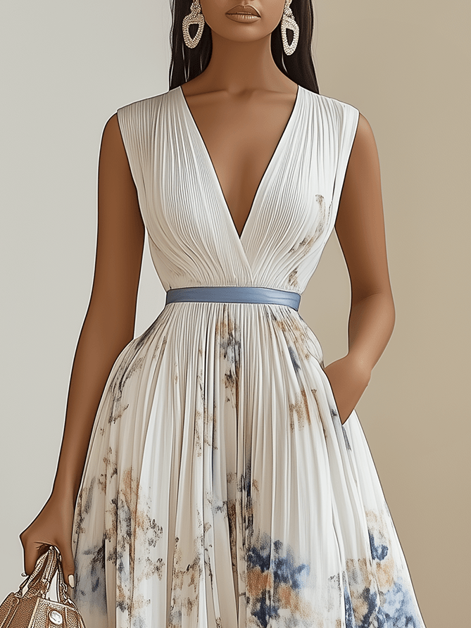 Spring New White Pleated Floral Chiffon V Neck Sleeveless A-Line Midi Dress