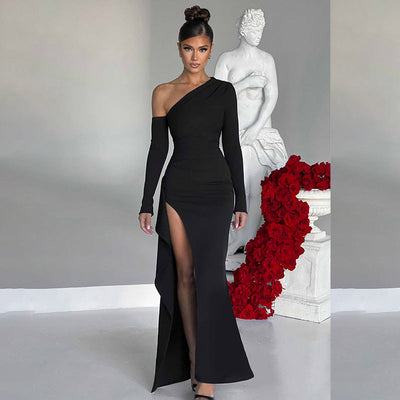 Knitted One shoulder Long Sleeve Split Dress