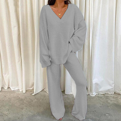 Comfortable Solid Color V-neck Daily  Two-piece Set