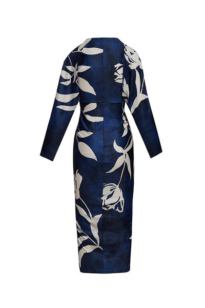 Unique Print Dolman Long Sleeve Ruched Slit Midi Dress