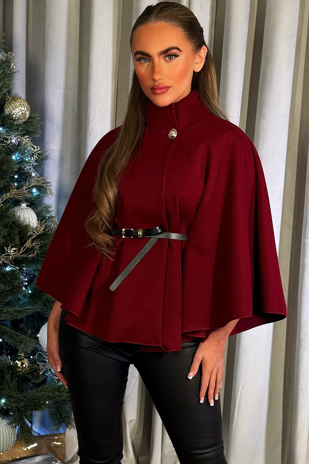 Cape With Belt Burgundy