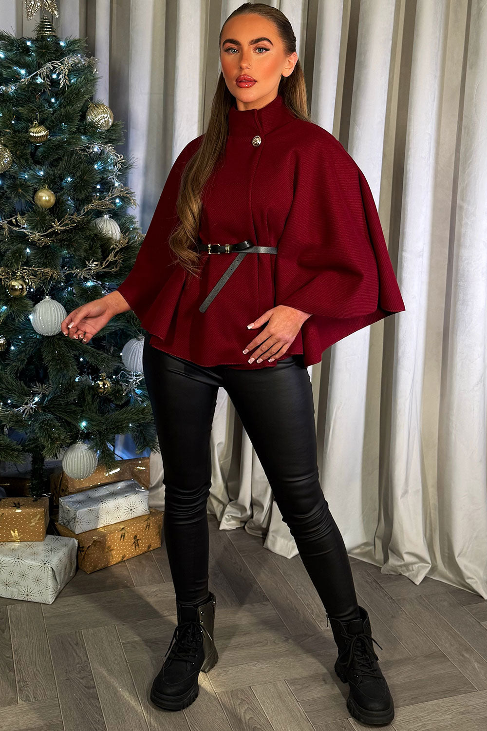 Cape With Belt Burgundy