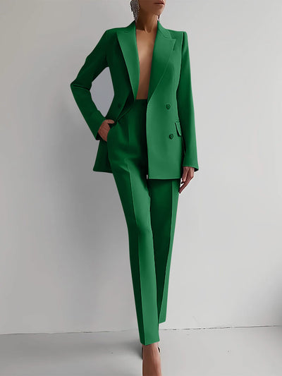 Casual Commuting Solid Color Blazer & High Waist Pants Set