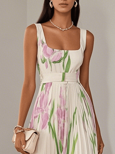 White Pleated Floral Chiffon Square Neck Sleeveless A-Line Maxi Dress