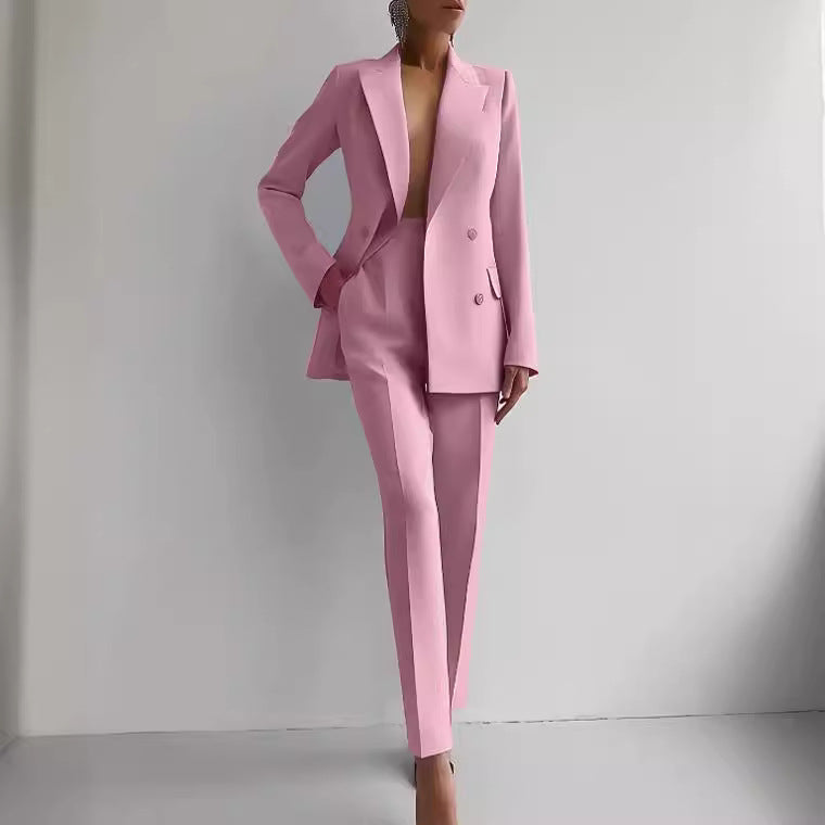 Casual Commuting Solid Color Blazer & High Waist Pants Set