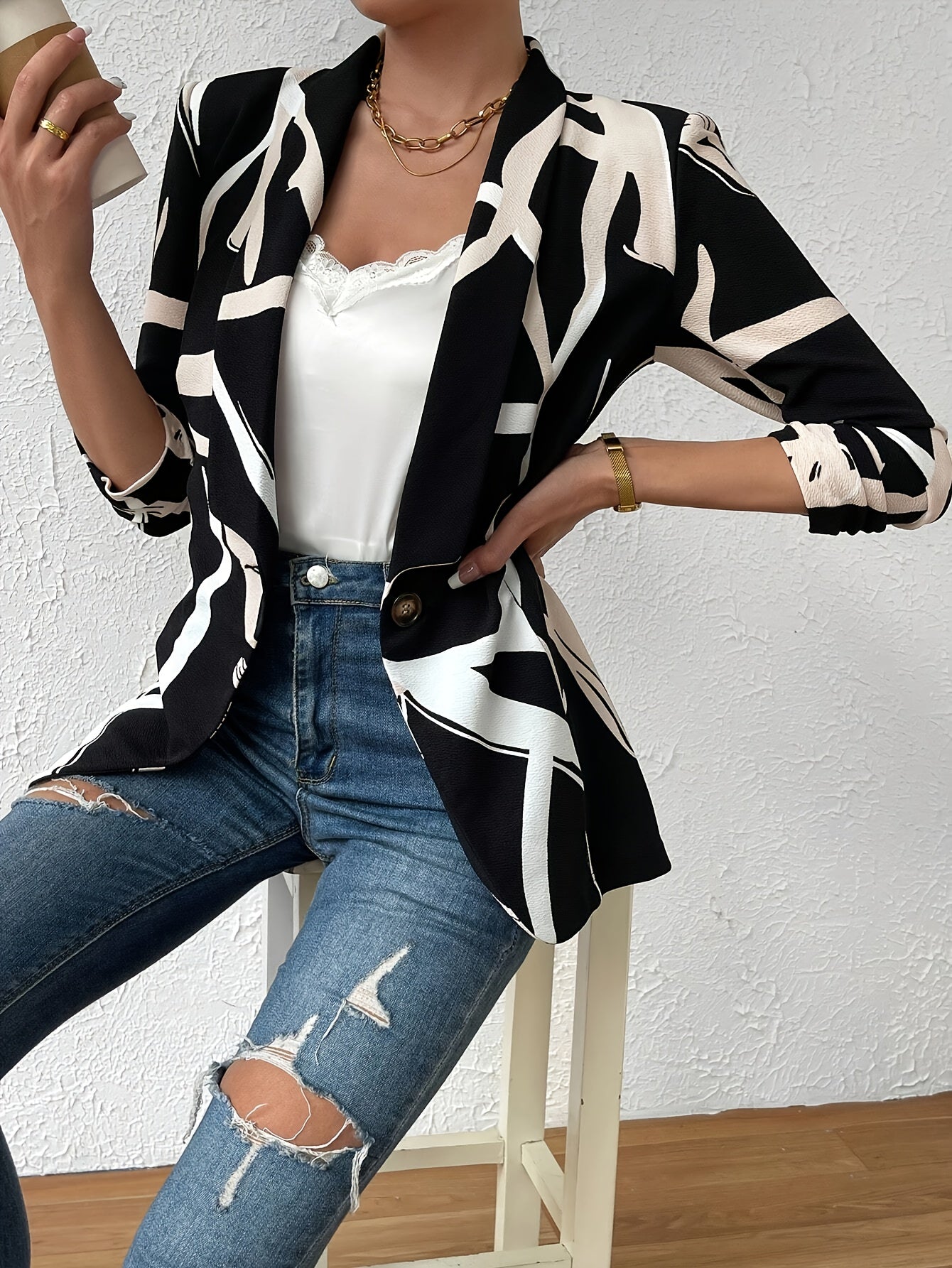 Abstract print blazer with button front elegant long sleeve blazer for office and work women's clothing.